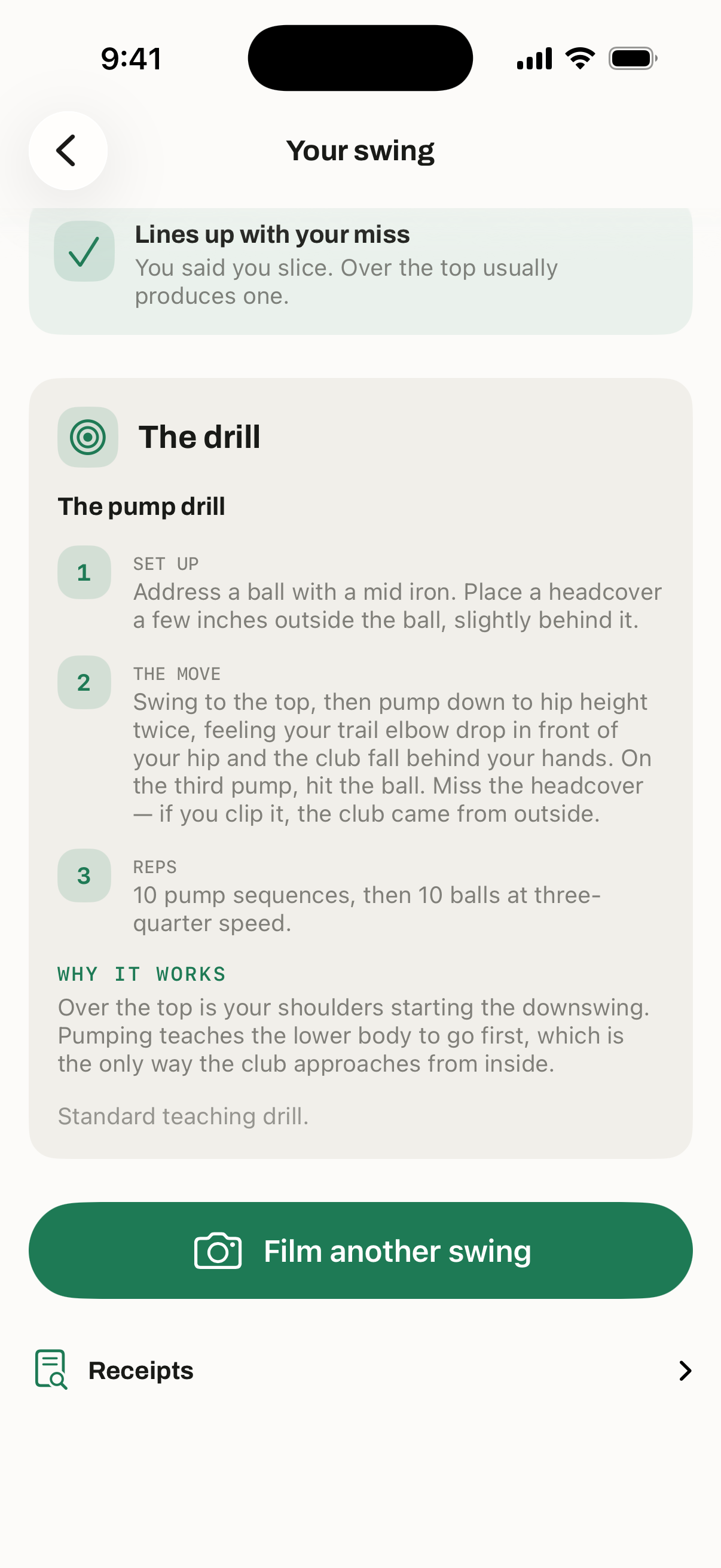 The pump drill card: setup, the move, reps, and why it works, above a film another swing button.