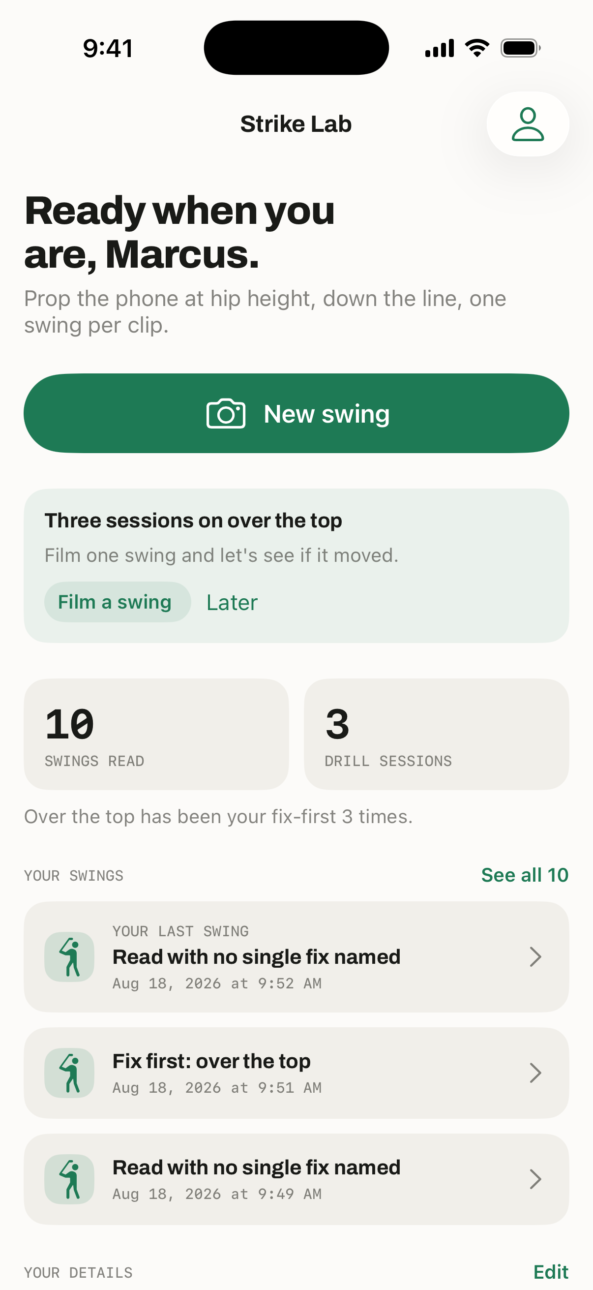 The Strike Lab home screen: three sessions on over the top, film one swing and let's see if it moved, above swing history.